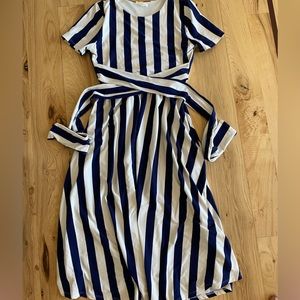 Blue and white striped maxi dress